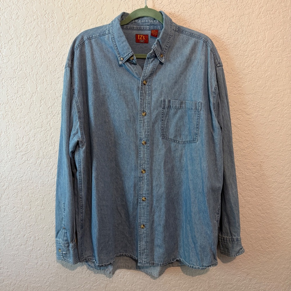 Haggar EZ's Denim Button Down Shirt XL 90s‎ Vintage Blue Long Sleeve Cotton